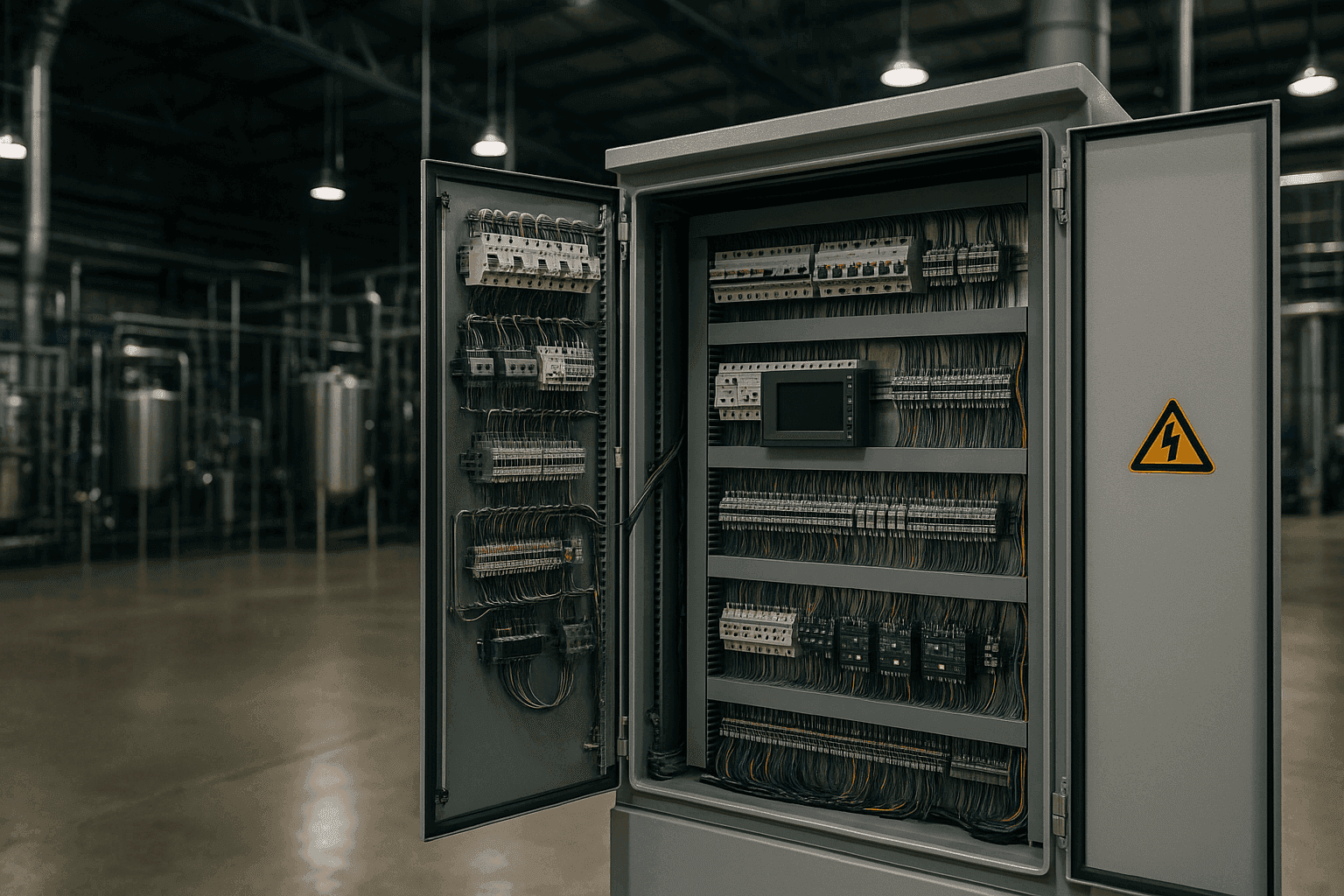 Saudi engineers inspecting an automation panel in a food manufacturing plant